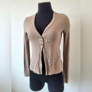Beyond Yoga Well Traveled Cardigan Sweater Ribbed Taupe Cozy Loungewear Small